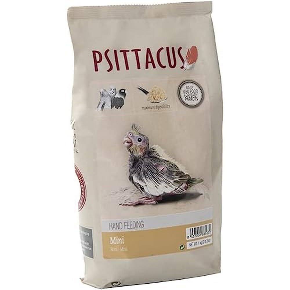 Psittacus Mini Hand-Feeding Formula package showing premium non-GMO nutrition for baby parrots