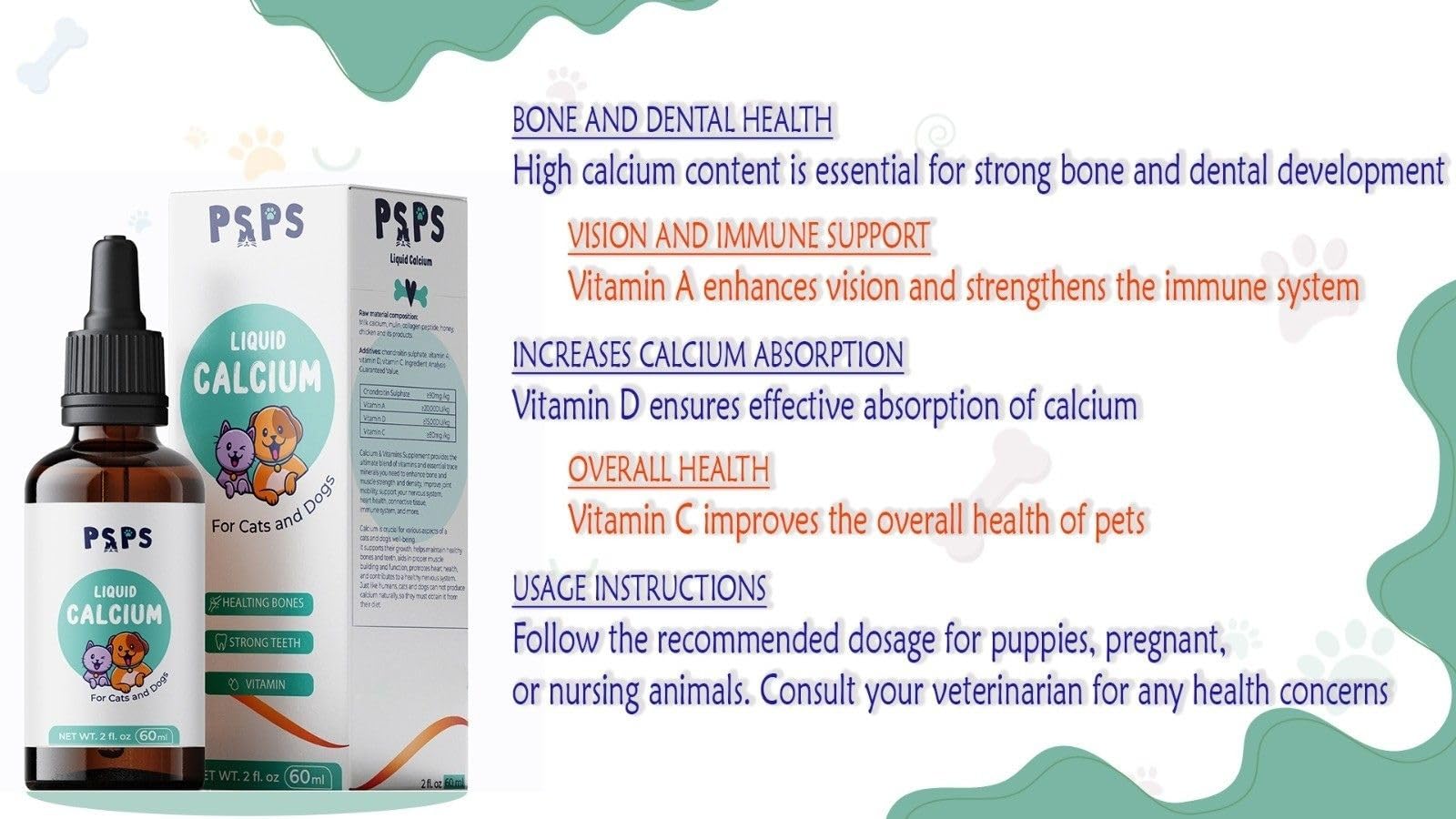 psps Calcium Liquid health benefits graphic on packaging