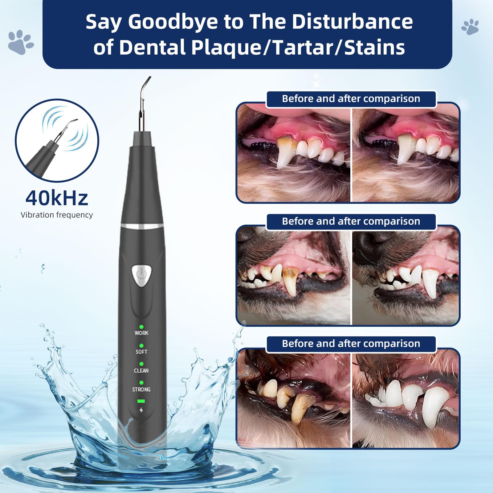 Psytpusa device showing 3 cleaning modes for varying tartar hardness in pets