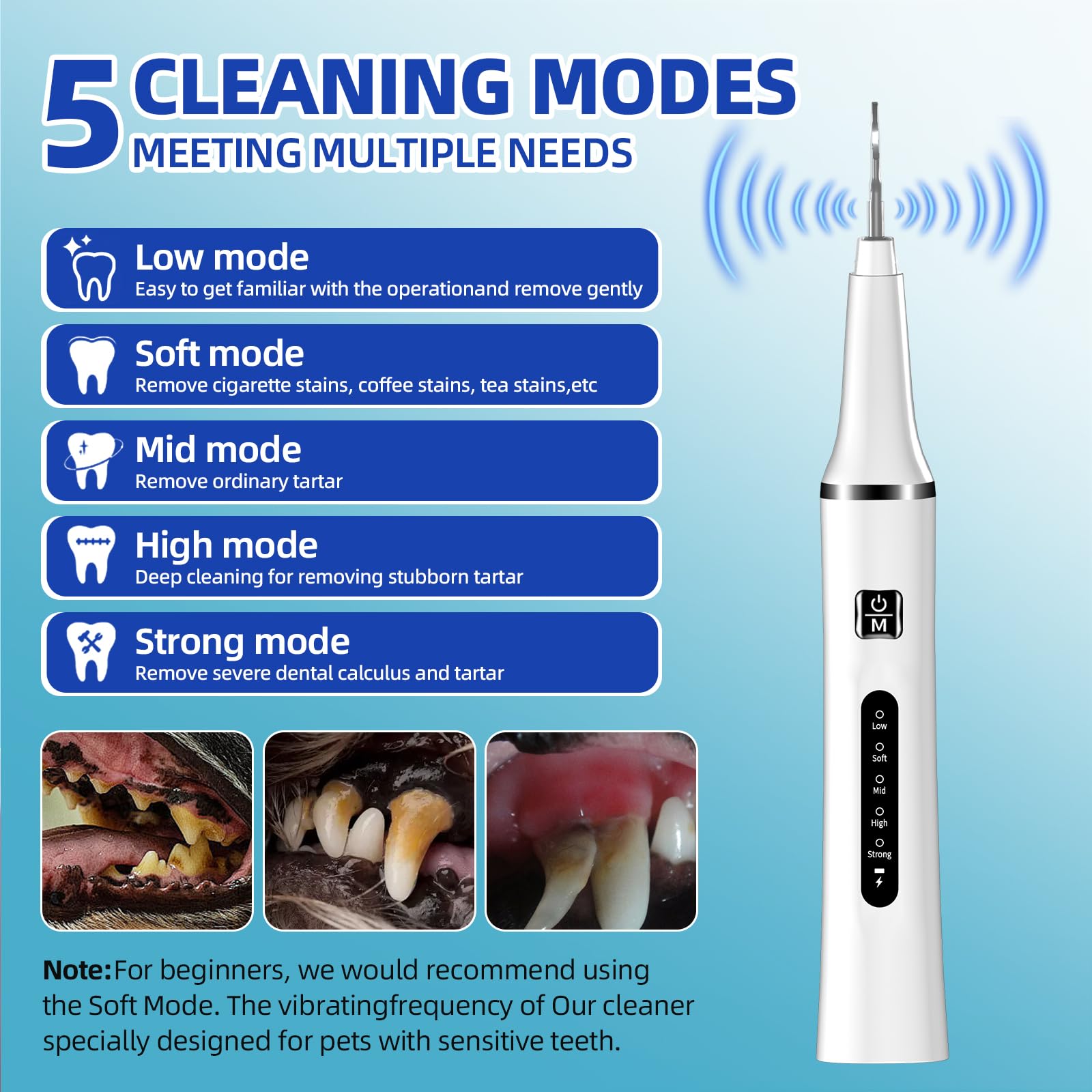 Psytpusa Ultrasonic Pet Plaque Remover five-modes for customized cleaning intensity.