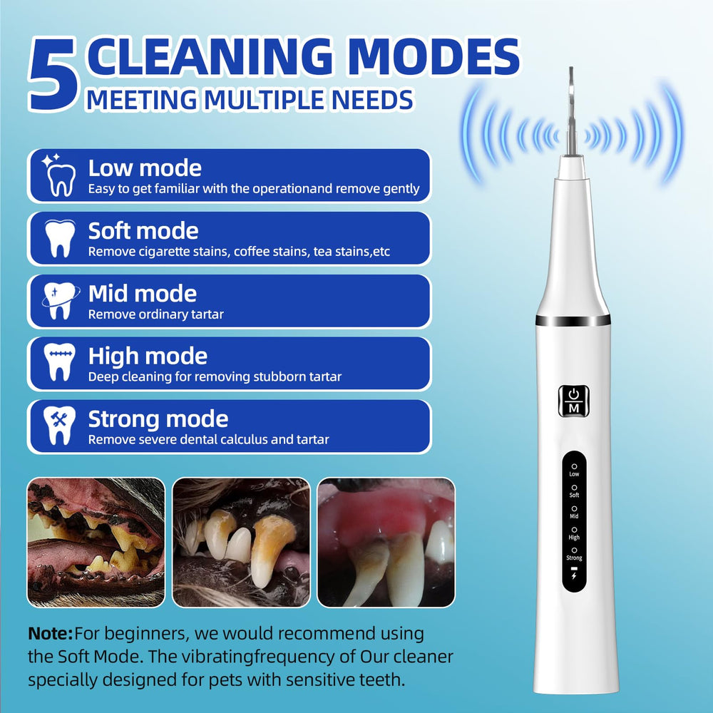 Psytpusa Ultrasonic Pet Plaque Remover five-modes for customized cleaning intensity.