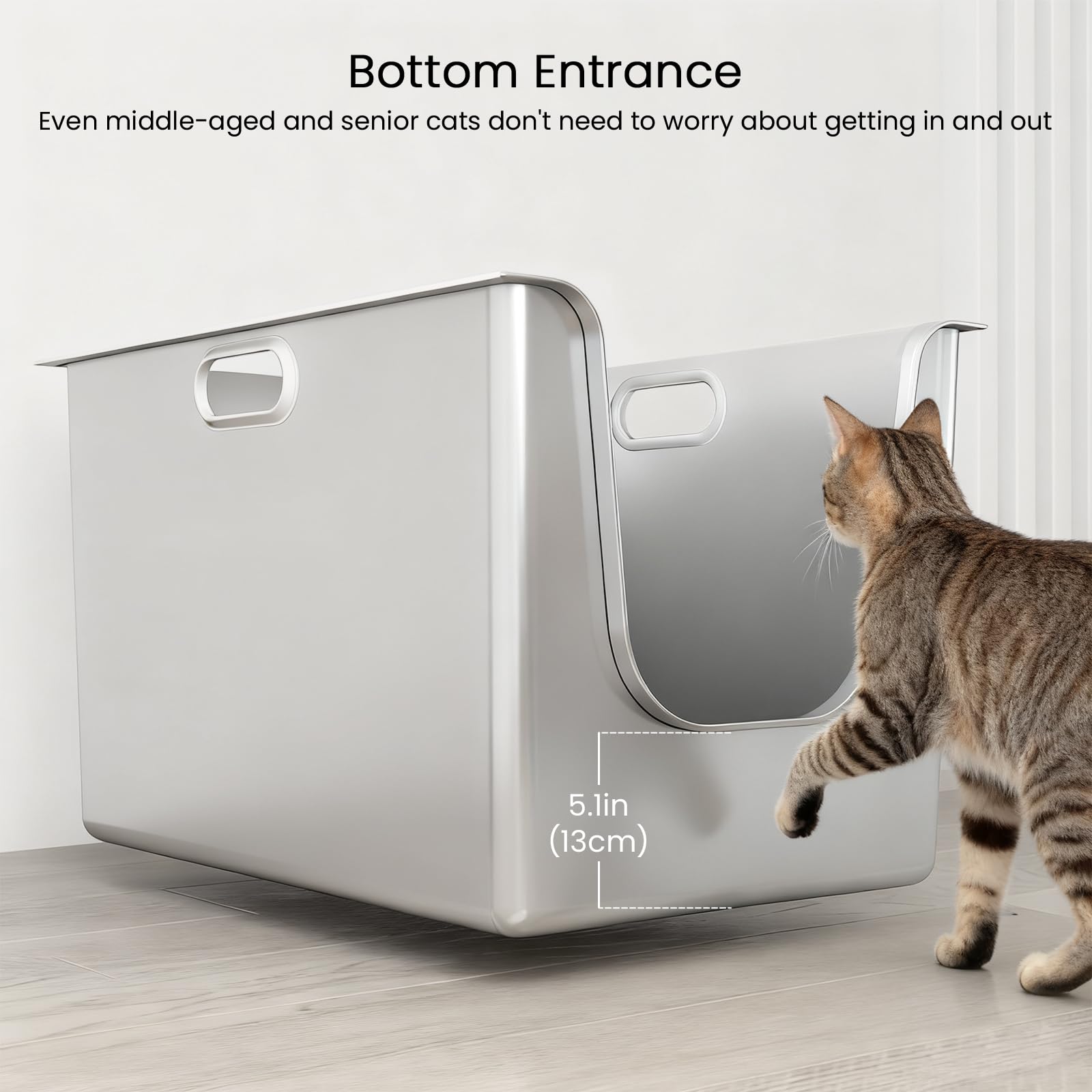 PTFFF easy-clean stainless steel litter box with smooth interior.