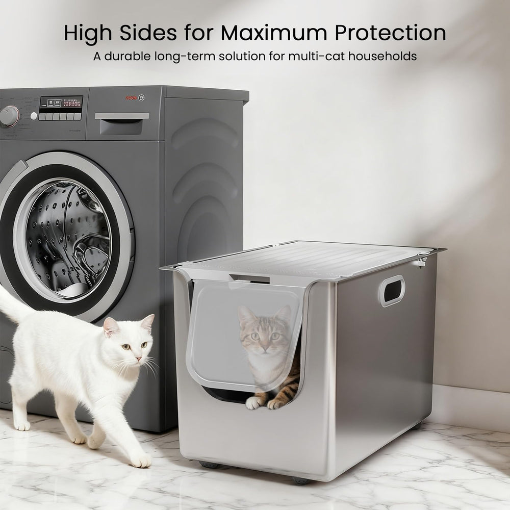 PTFFF enclosed litter box with door improves ventilation while reducing litter scatter.