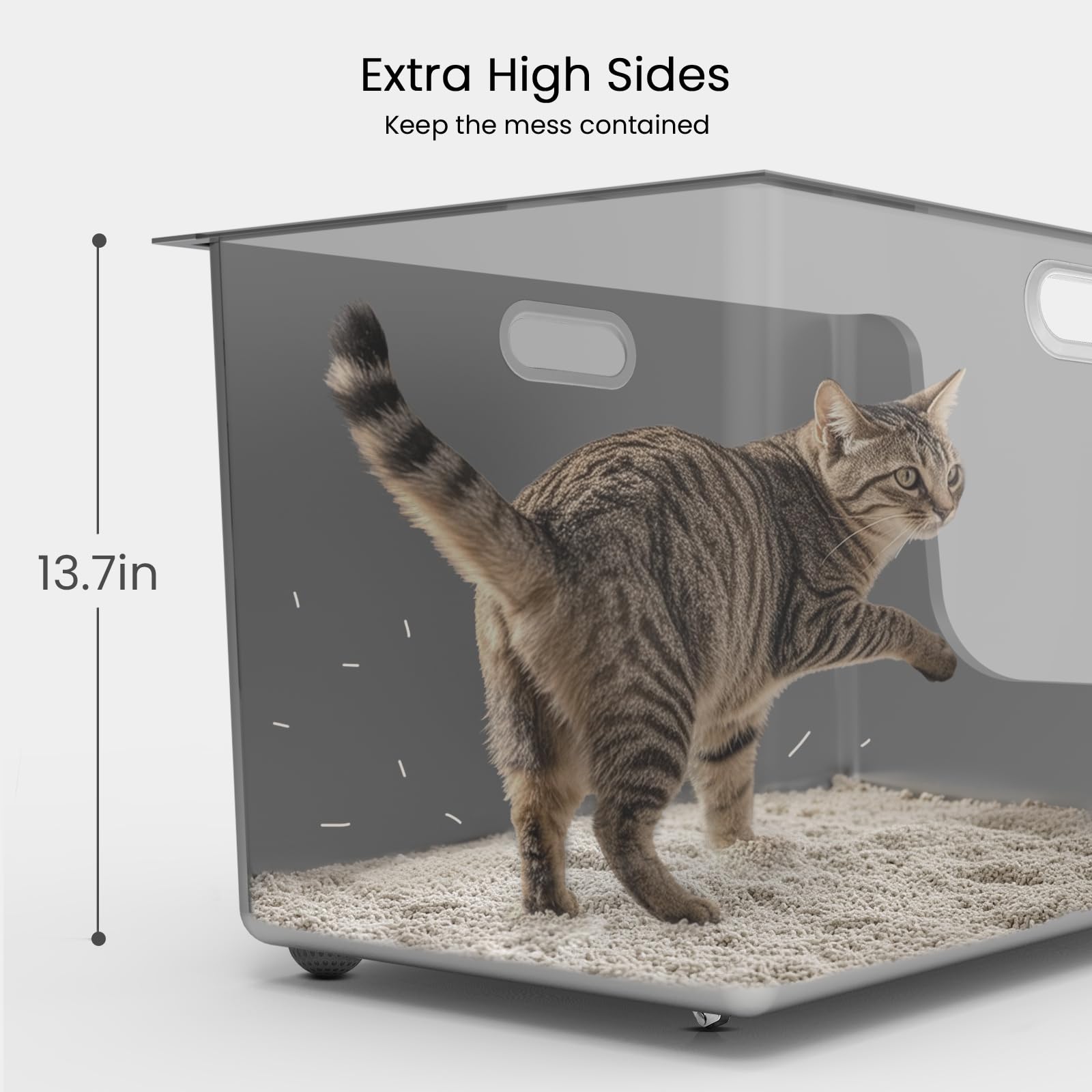 PTFFF litter box with rubber handles and wheels for easy movement.