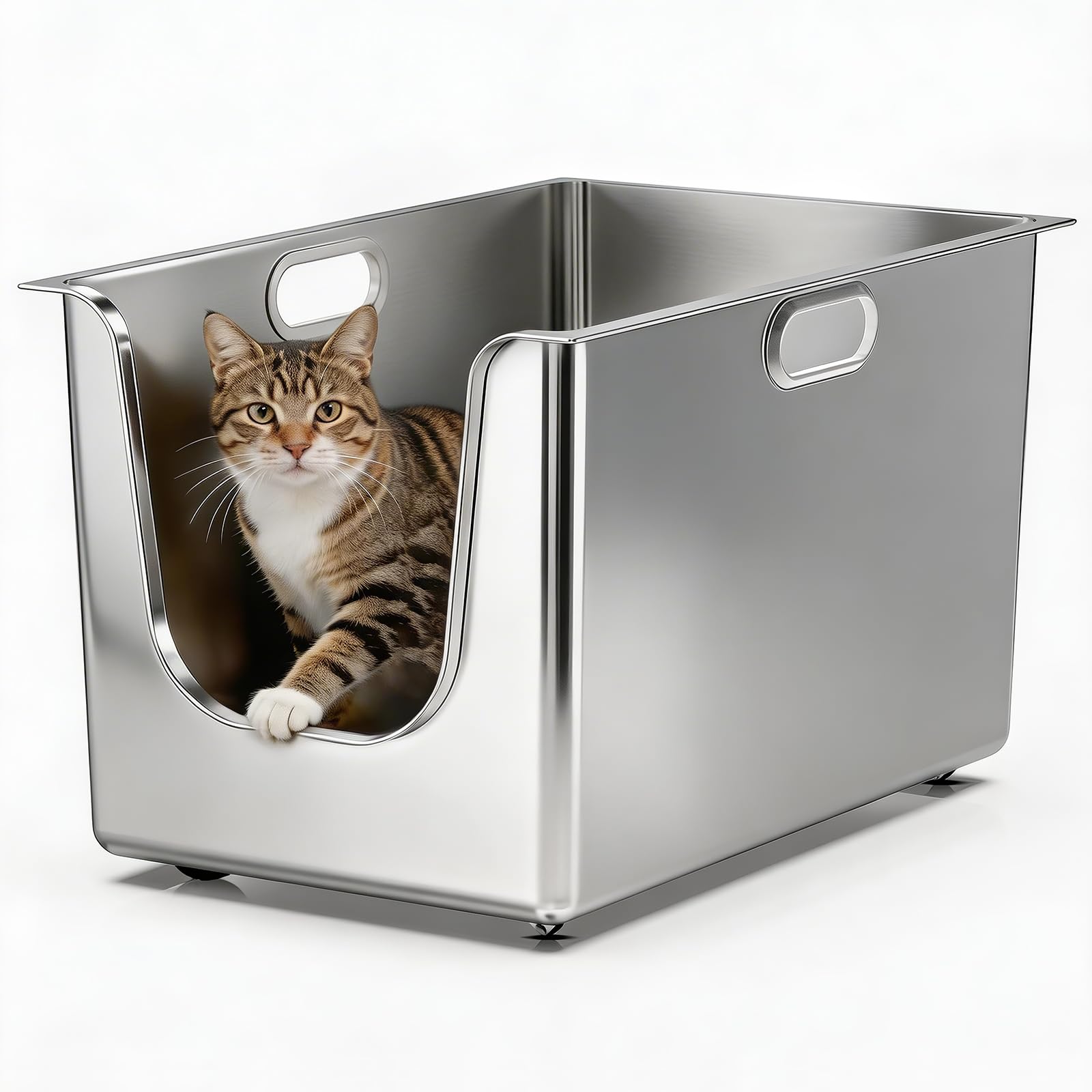 PTFFF stainless steel litter box, front view, durable construction for long-lasting use.