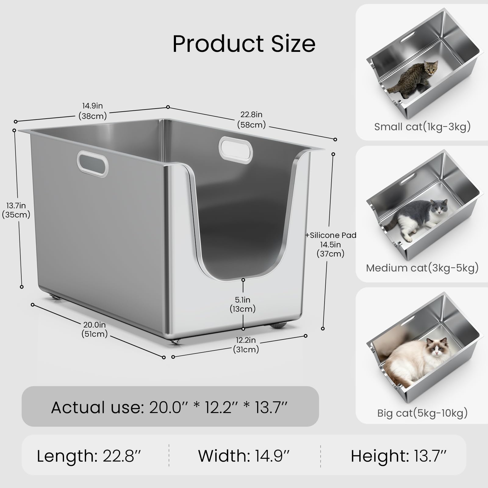 PTFFF XL stainless steel litter box with curved entry for easy access by all cats.