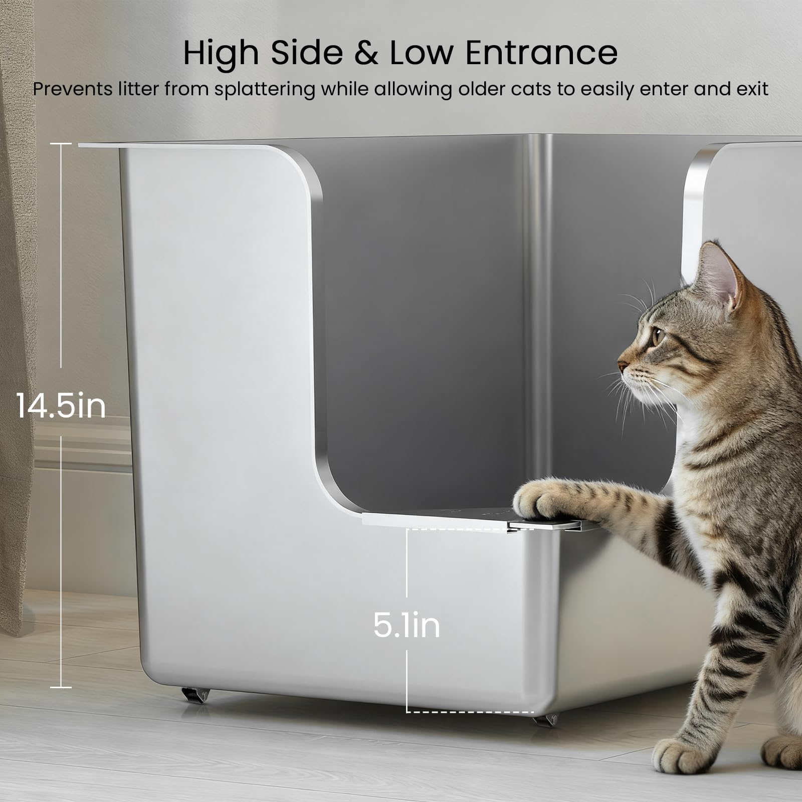 PTFFF stainless steel litter box with wheels enables easy relocation