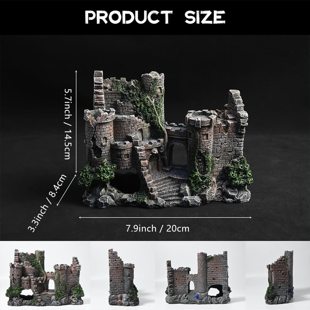 PTFJZ castle bubbler decor in tank, showing integrated bubbles and habitat