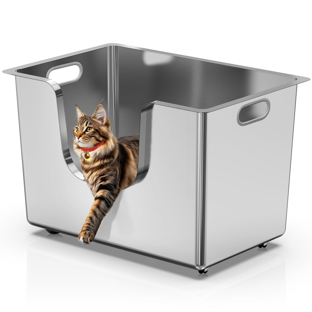 Ptlom enclosed stainless steel litter box with hooded top prevents litter scatter.