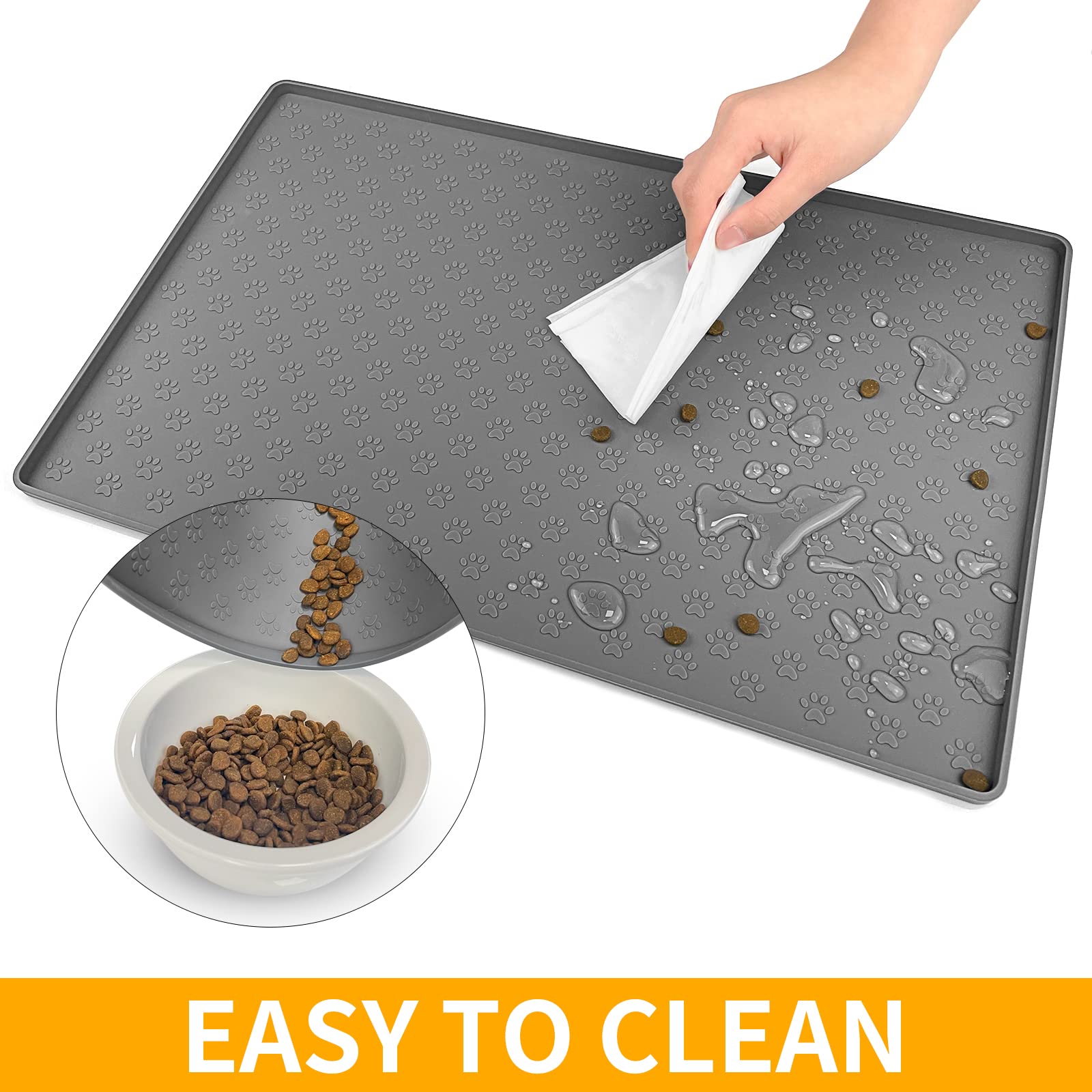 Ptlom Grey Pet Placemat floor-protection shows floor shielding from spills
