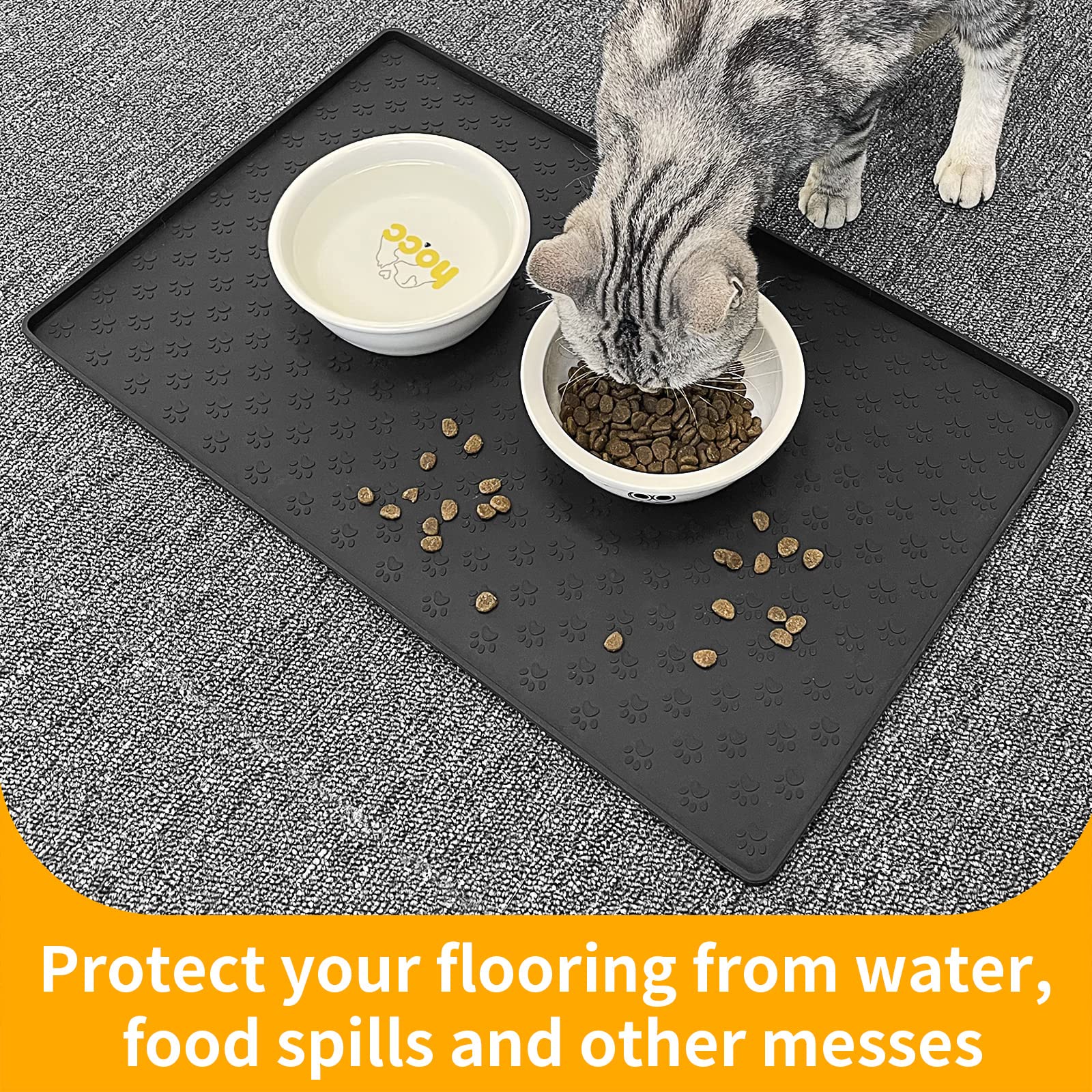 Ptlom pet mat protects floors from spills during feeding.