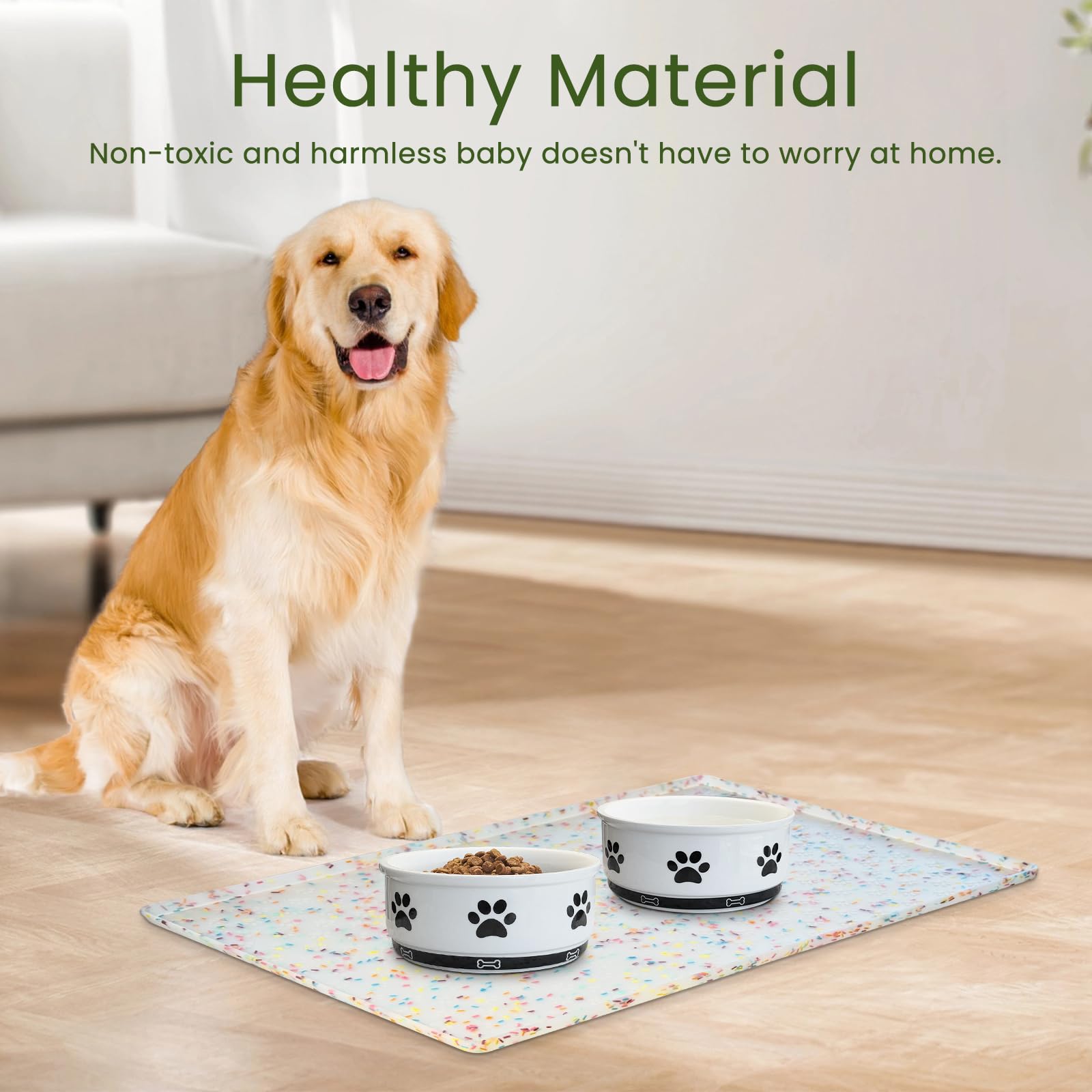 Ptlom silicone dog bowl tray holds two bowls and cushions spills.