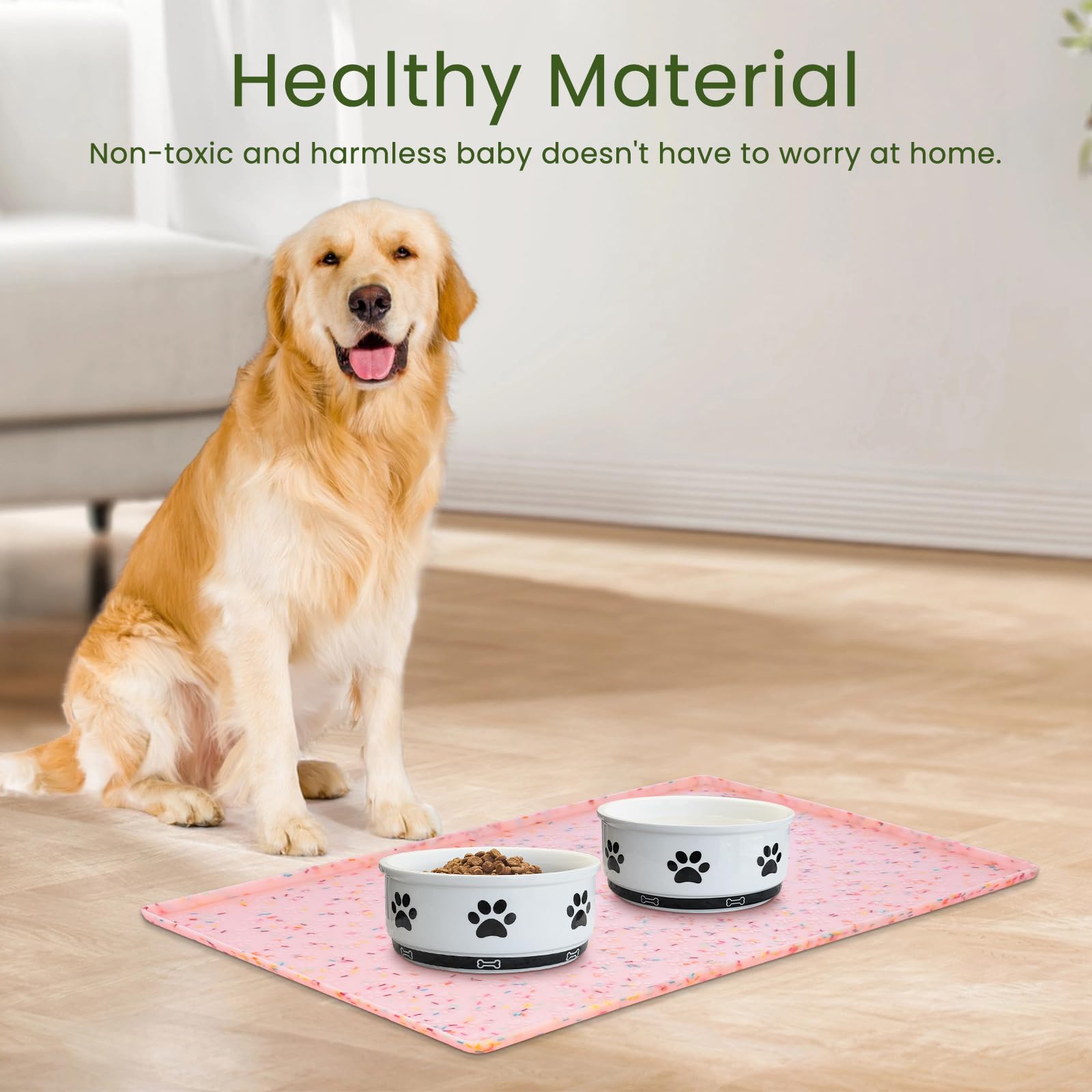 Ptlom waterproof dog bowl mat protects floors from splashes and mess.