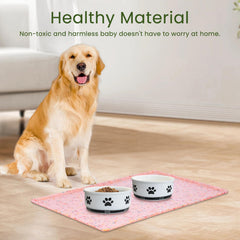 Ptlom waterproof dog bowl mat protects floors from splashes and mess.