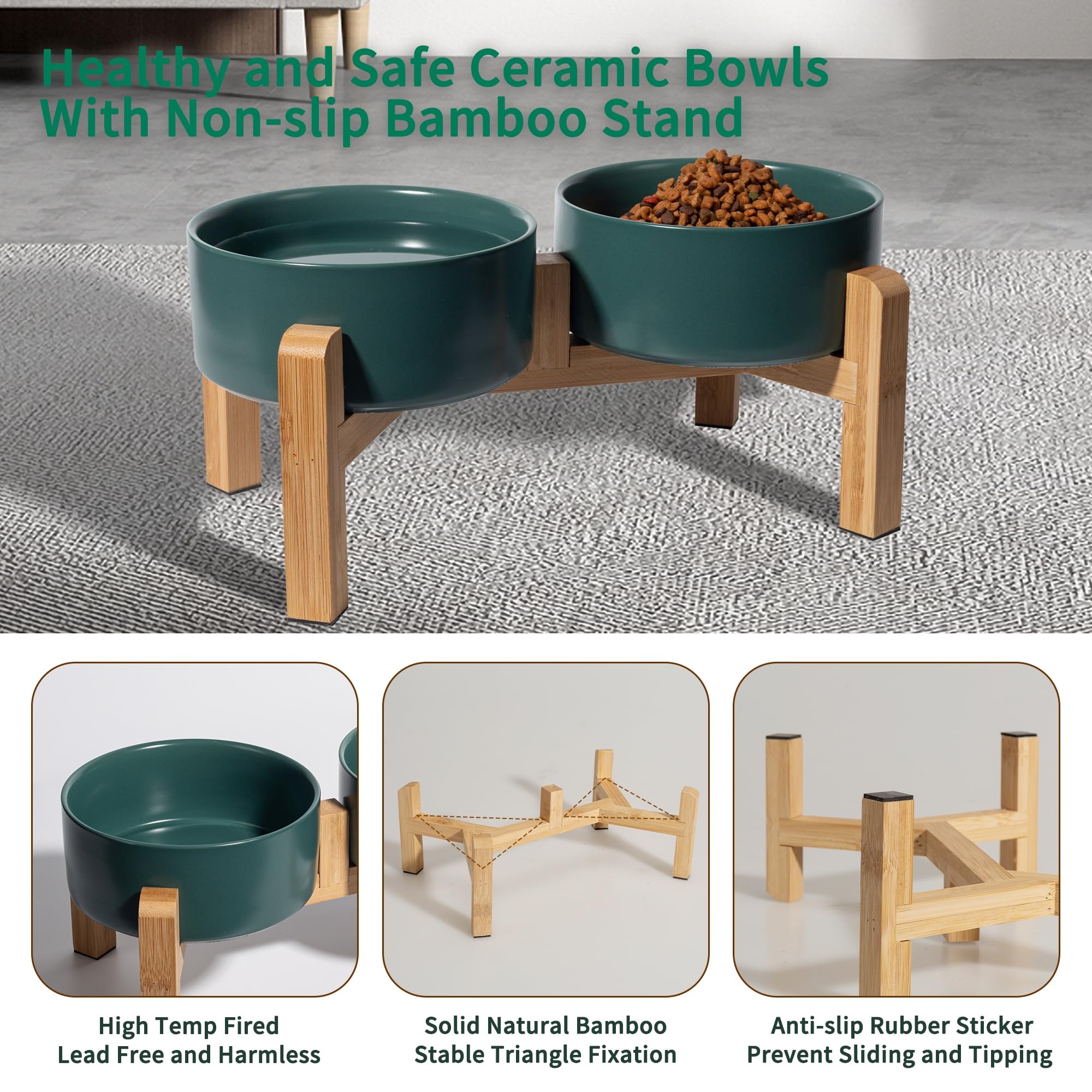 PTOBER bamboo stand with rubber feet keeps bowls from sliding.
