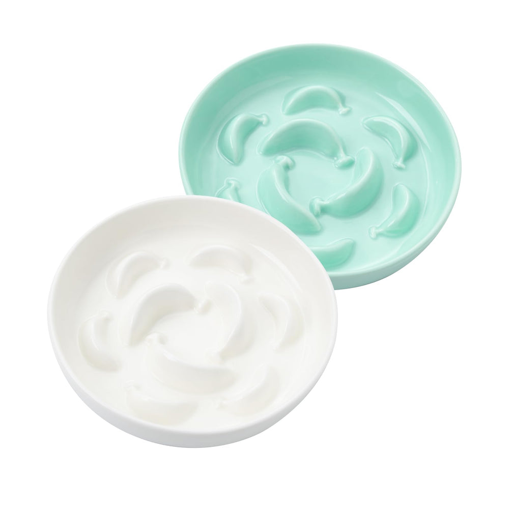 PTOBER cat slow feeder bowl set 2-pack in white and green encourages mindful meals.