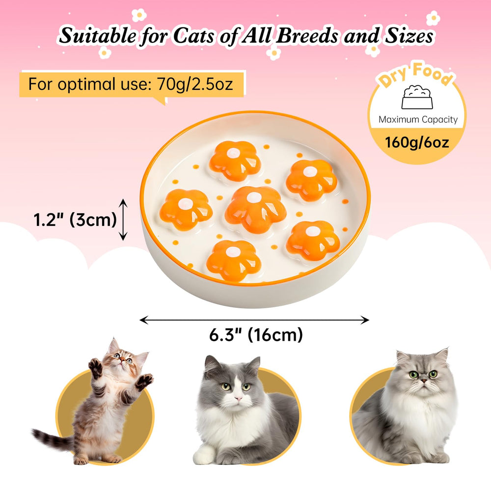 PTOBER ceramic cat slow feeder bowl with wide diameter eases whisker contact during meals.