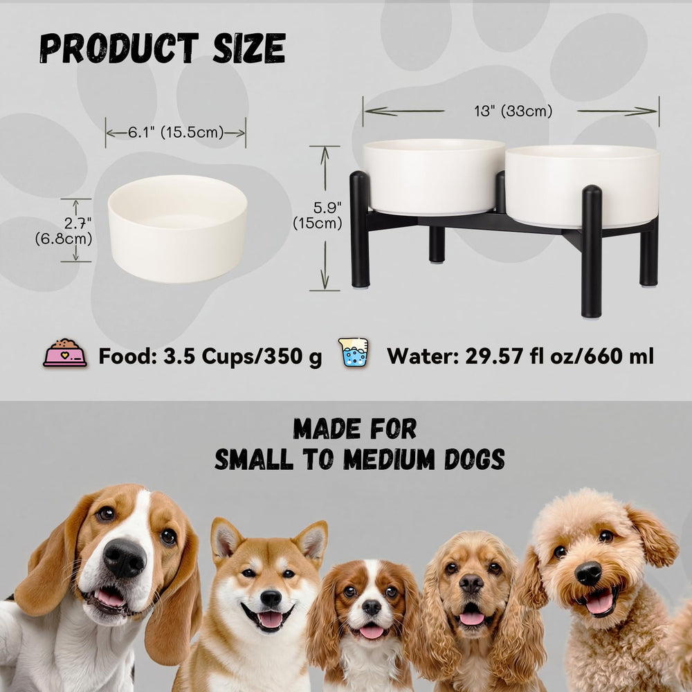 PTOBER ceramic dog bowl showing 6.1-inch diameter for snug meals.