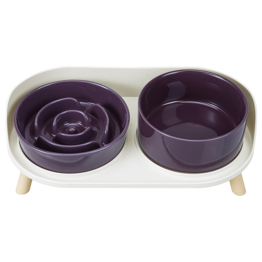 PTOBER elevated slow-feeder bowls set highlighting the raised design for comfortable feeding.