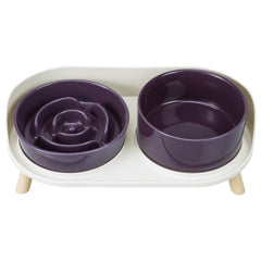 PTOBER elevated slow-feeder bowls set highlighting the raised design for comfortable feeding.
