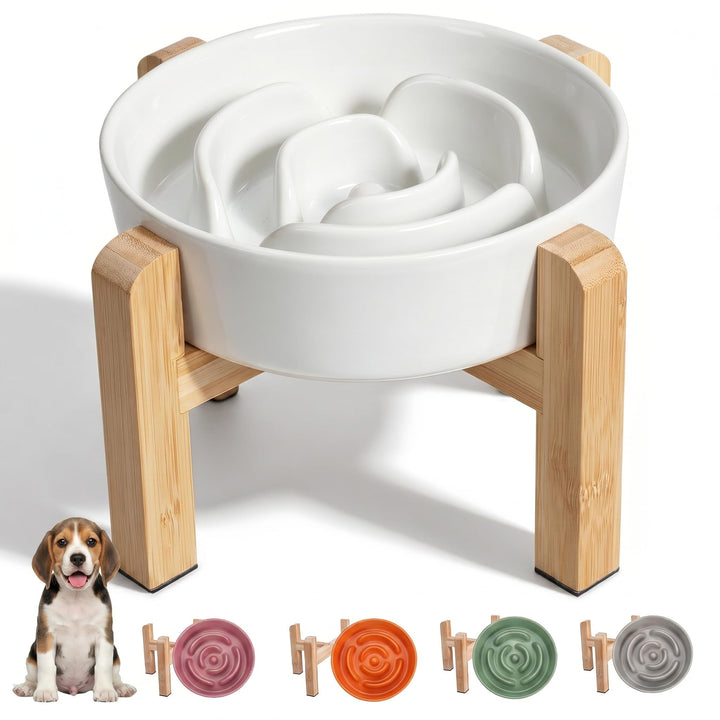 PTOBER elevated slow feeder dog bowl with ceramic maze slows meals for small and medium dogs