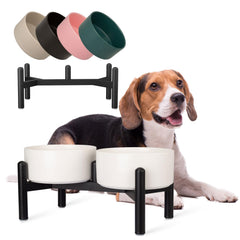 PTOBER raised dog bowl stand with ceramic bowls for comfortable feeding.