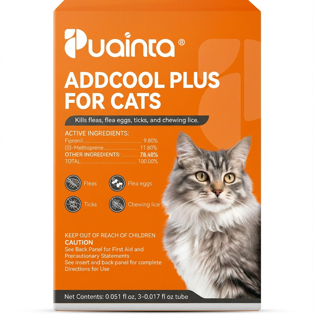 PUAINTA Addcool Plus bottle closeup showing fast-acting flea protection for cats.