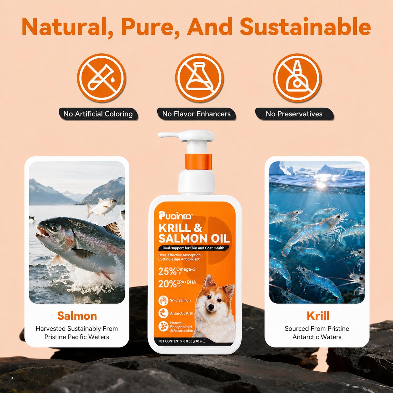 PUAINTA Krill Salmon Oil label closeup showcases premium ingredients