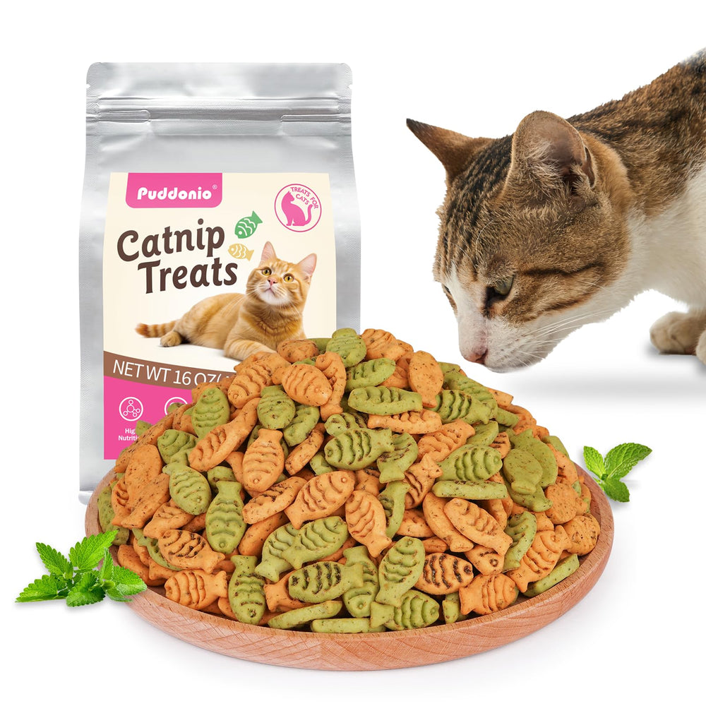 Puddonio Catnip Cat Treats chicken-salmon crunch attracts cats during play.