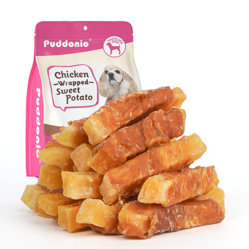 Puddonio packaging shows chicken-wrapped sweet potato chews, ideal for daily rewards.