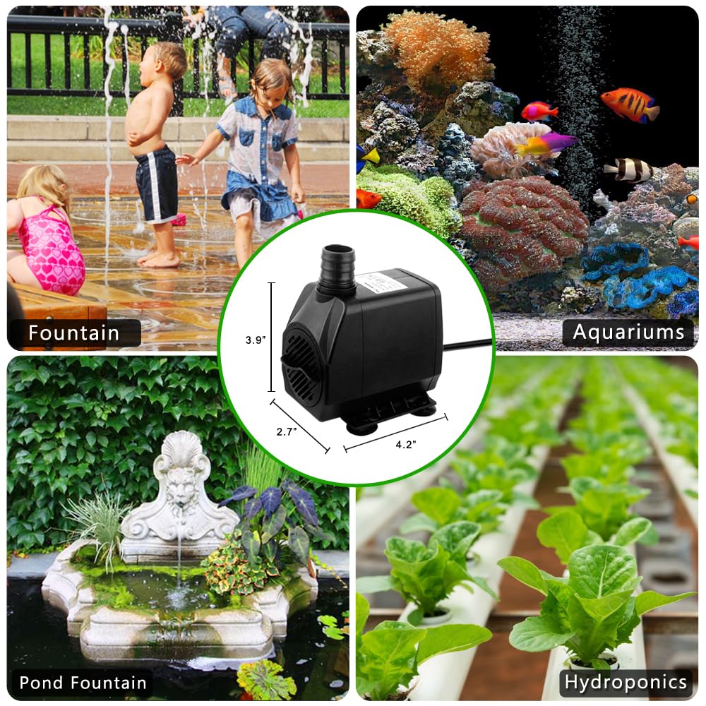 PULACO Large Flow pump with nozzle options shows versatile spray patterns for fountains.