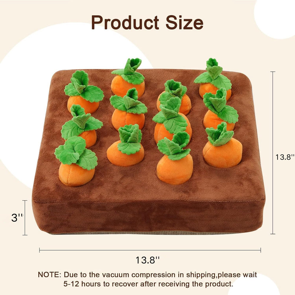PUMEXFE carrot shaped snuffle toy closeup highlights vibrant colors for engagement.
