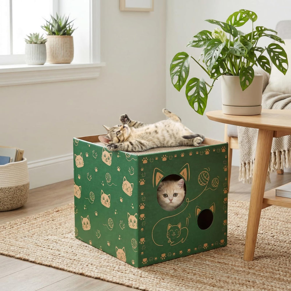 Pumtus cardboard cat house compact design fits against walls.