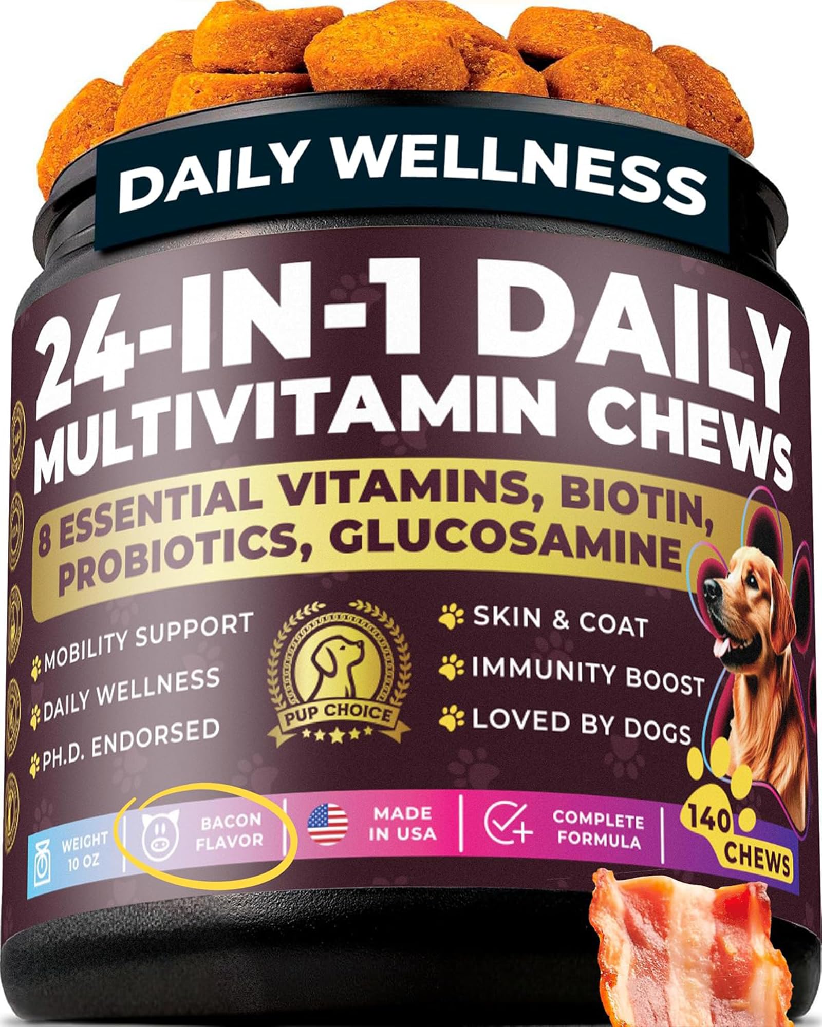 Pup Choice 24-in-1 bottle of dog multivitamin chews for daily joint support.