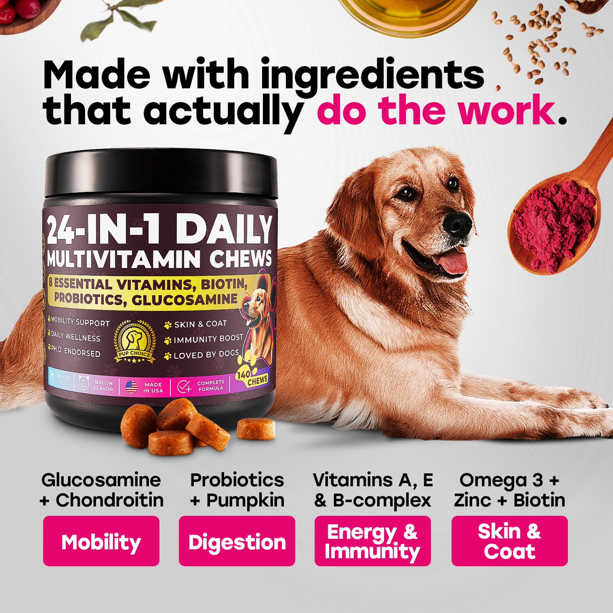 Dog enjoying Pup Choice chew for easy daily administration.