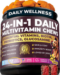 Pup Choice 24in1 bottle with beef-flavored chews for daily canine wellness.