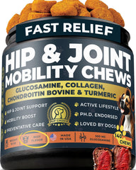 Pup Choice glucosamine chondroitin bottle label highlighting joint support benefits