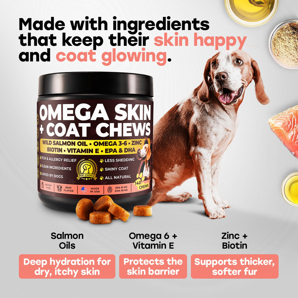 Pup Choice label highlights omega-3-6 biotin zinc vitamin E