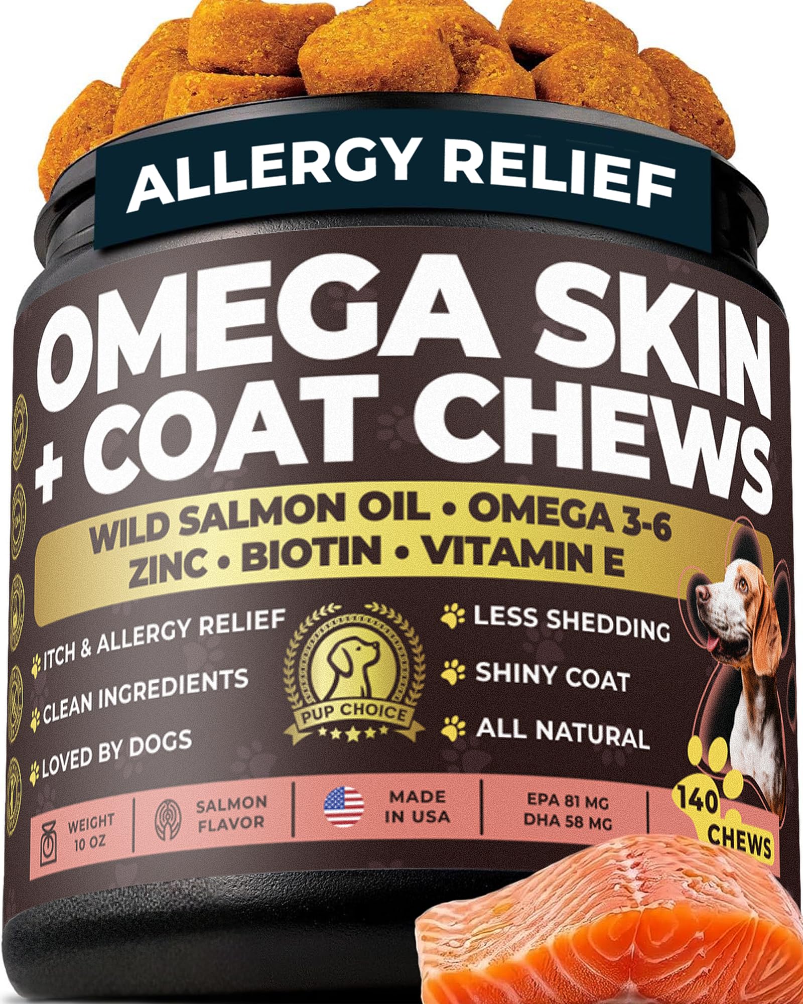Pup Choice Omega-3-6 chews in bottle for shinier coat