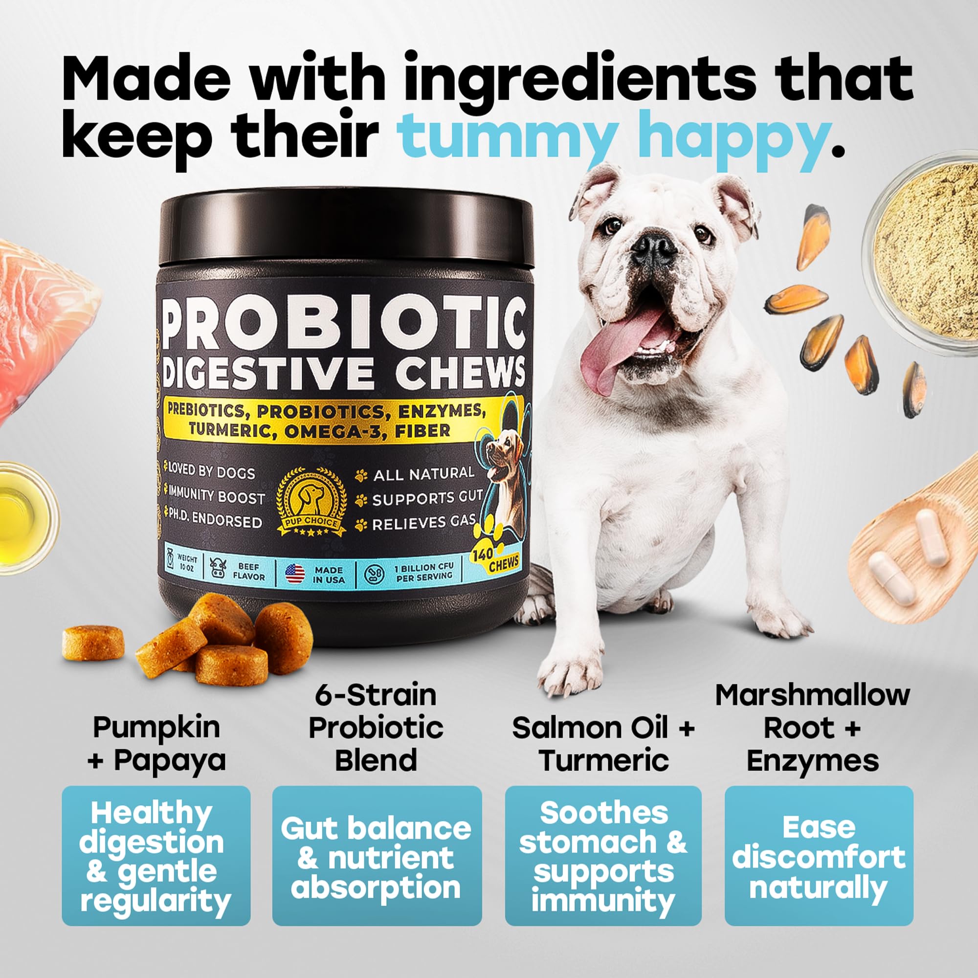 Pup Choice Probiotics beef-flavored chews for easy daily administration.