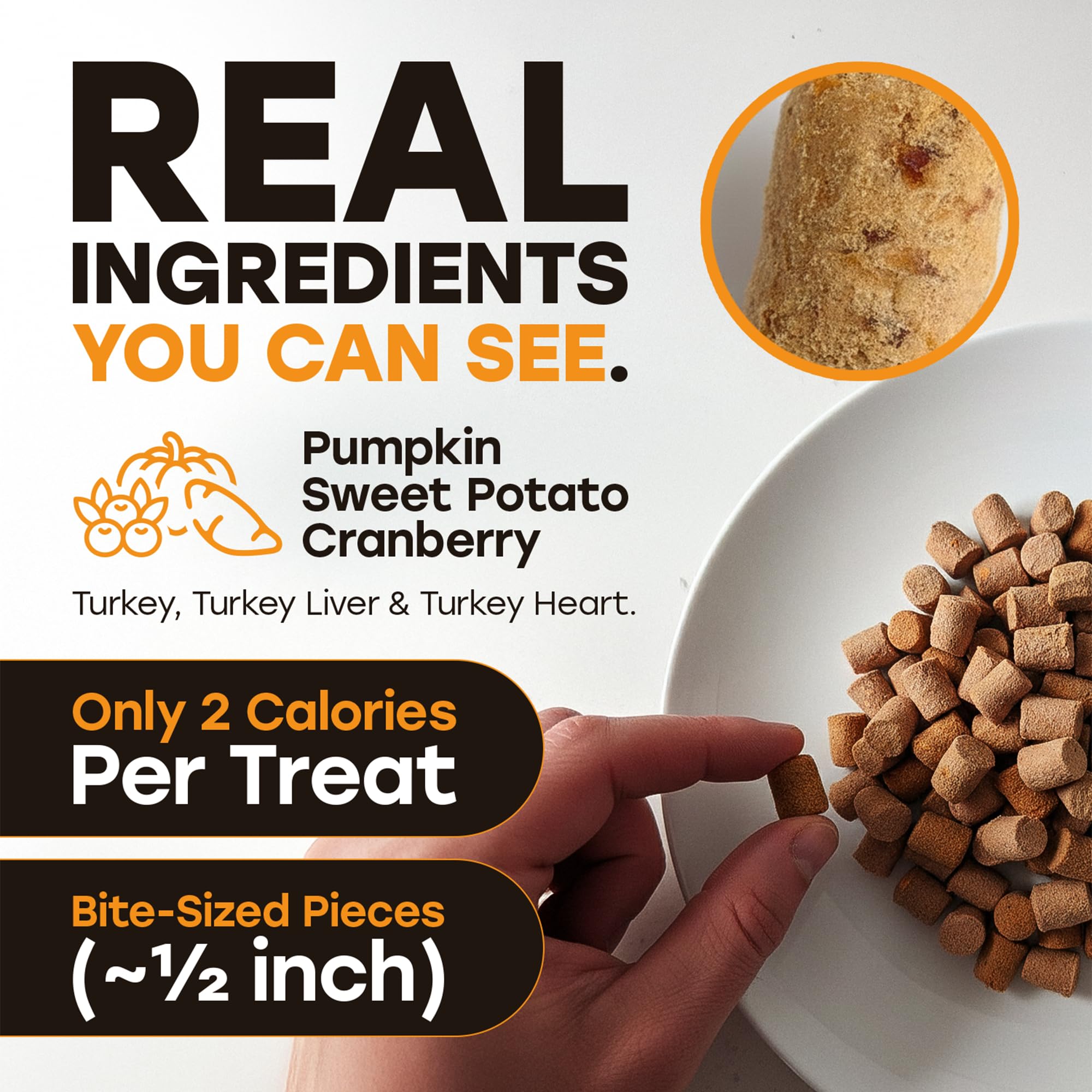Pup Choice pumpkin-sweet-potato topper over bowl.