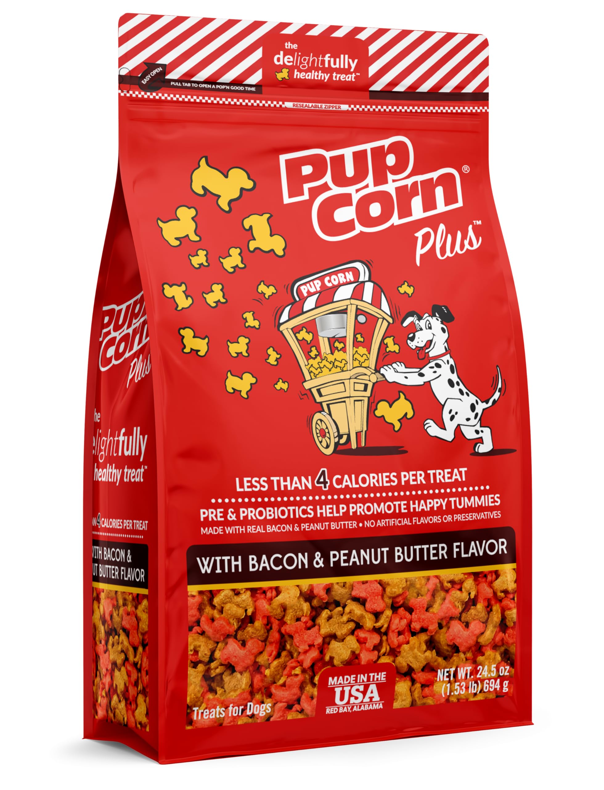 Pup Corn Plus bacon and peanut butter packaging front, ideal for training rewards.