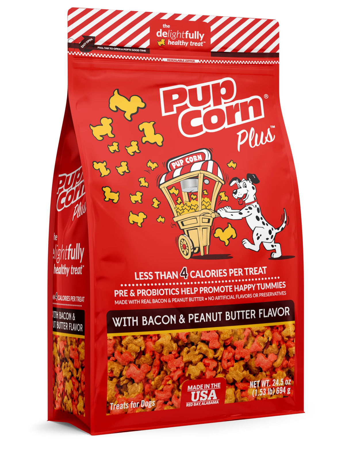 Pup Corn Plus bacon and peanut butter packaging front, ideal for training rewards.