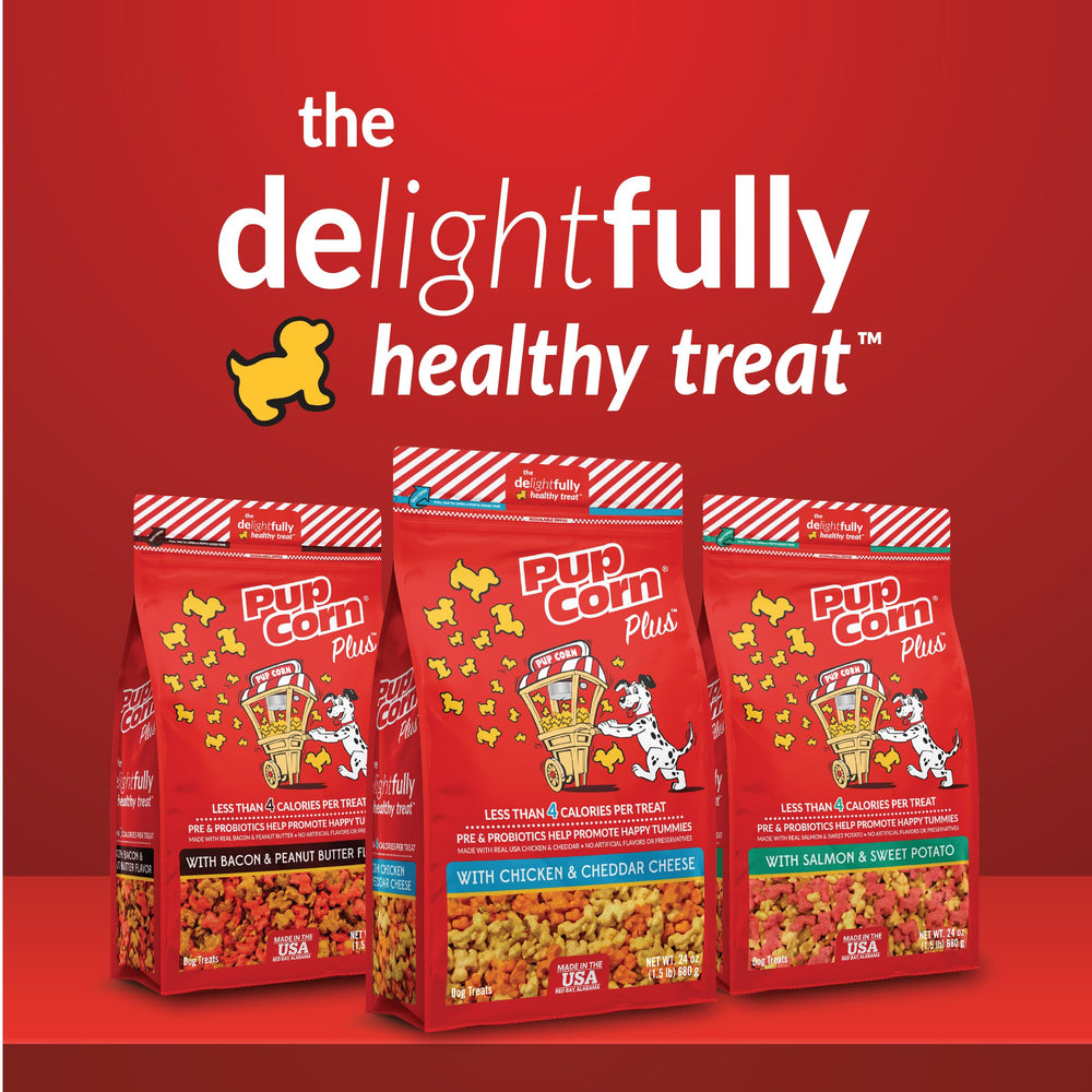 Pup Corn Plus holiday cheer packaging displayed for shelves.