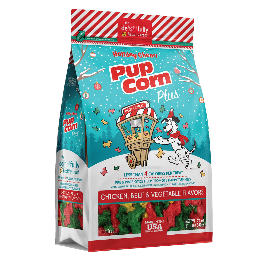 Pup Corn Plus Holiday Cheer 24oz bag for festive snacking.