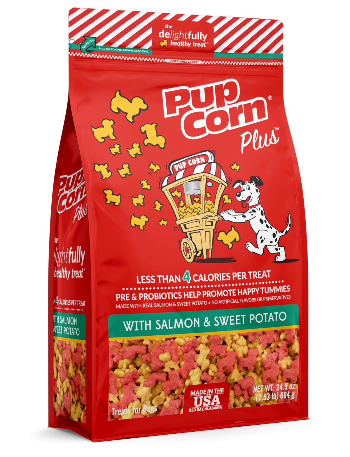 Pup Corn Plus bag front featuring salmon and sweet potato for real ingredients