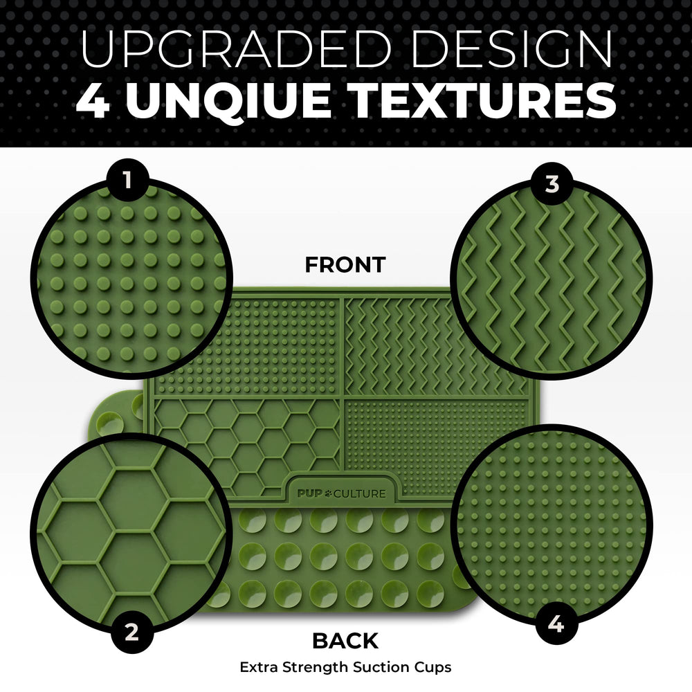 Pup Culture lick mat puzzle layout provides mental stimulation during meals.