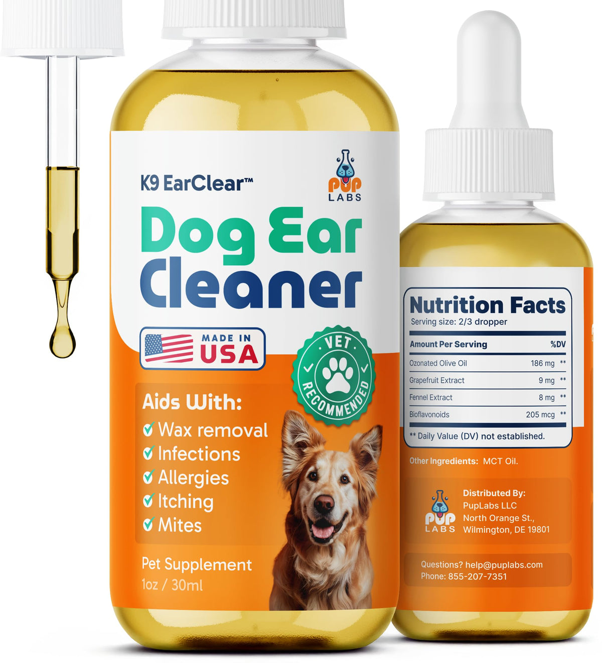 Pup Labs Ear Clear bottle with dropper for gentle ear cleaning.