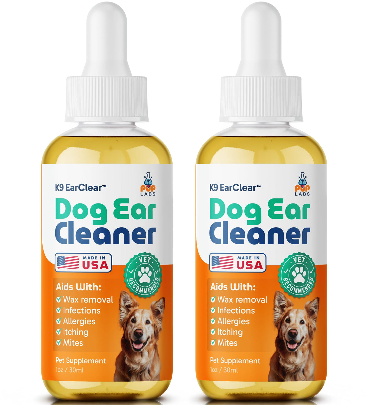 Pup Labs Ear Clear bottle for gentle, natural dog ear cleaning and odor control.