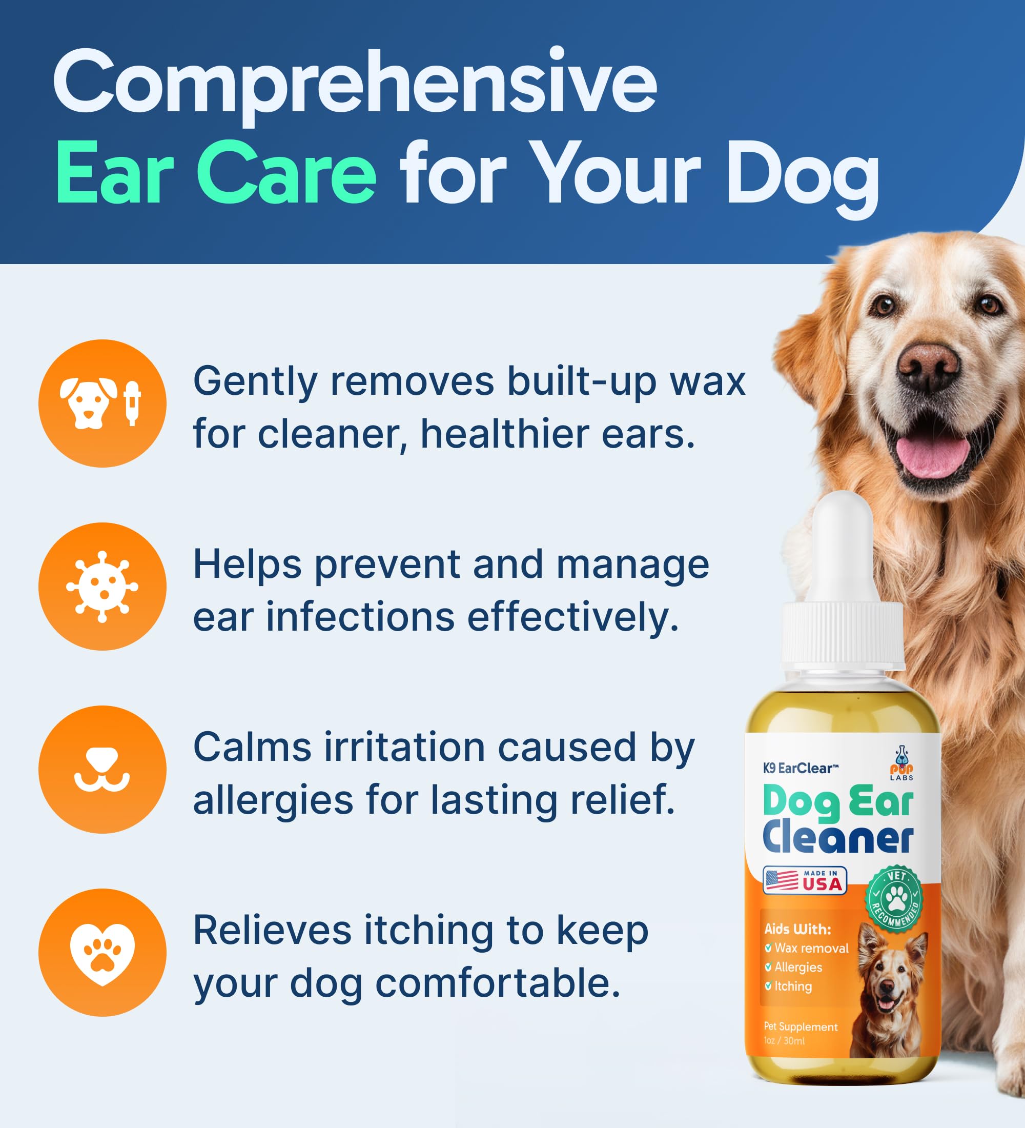 Pup Labs Ear Clear dropper applying solution to a dog's ear for precise use.